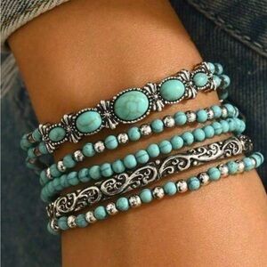 Turquoise and Silver 5 Beaded Bracelet Set